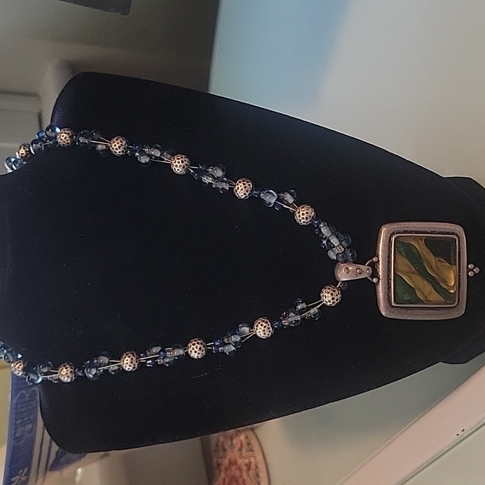 Laura Ashley Resin Pendant Necklace with Blue/Silver Beads